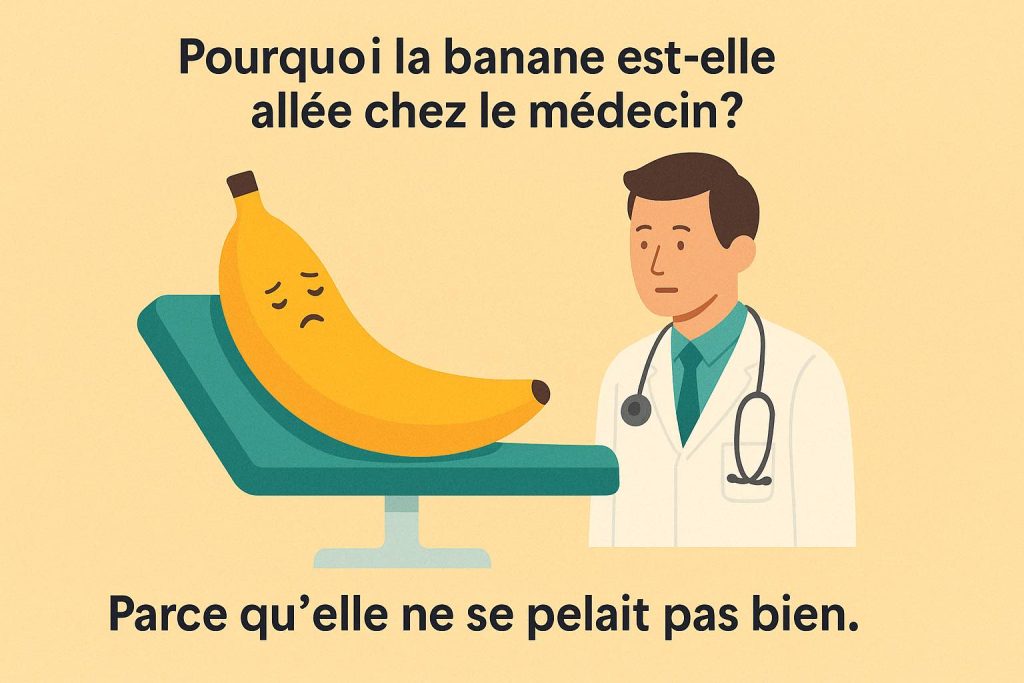 Illustration amusante d’une banane anthropomorphisée allongée sur une table d’examen médical, avec un stéthoscope à côté et une expression triste, illustrant la blague “Parce qu’elle ne se pelait pas bien”