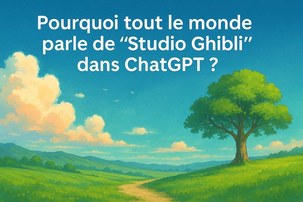 Illustration douce et colorée avec ciel rose et collines pastel, accompagnée du titre de l’article en haut, évoquant l’ambiance onirique d’un univers inspiré du style narratif et visuel de l’animation japonaise, sans référence directe au Studio Ghibli