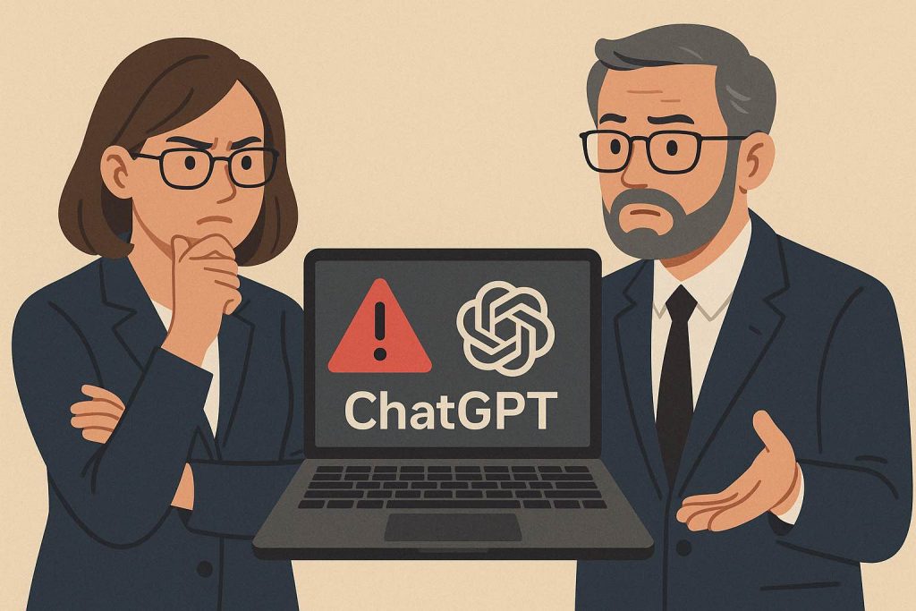 Illustration de deux professeurs préoccupés regardant un écran affichant le logo de ChatGPT et un symbole d’avertissement, représentant le débat académique sur l’usage de l’IA.
