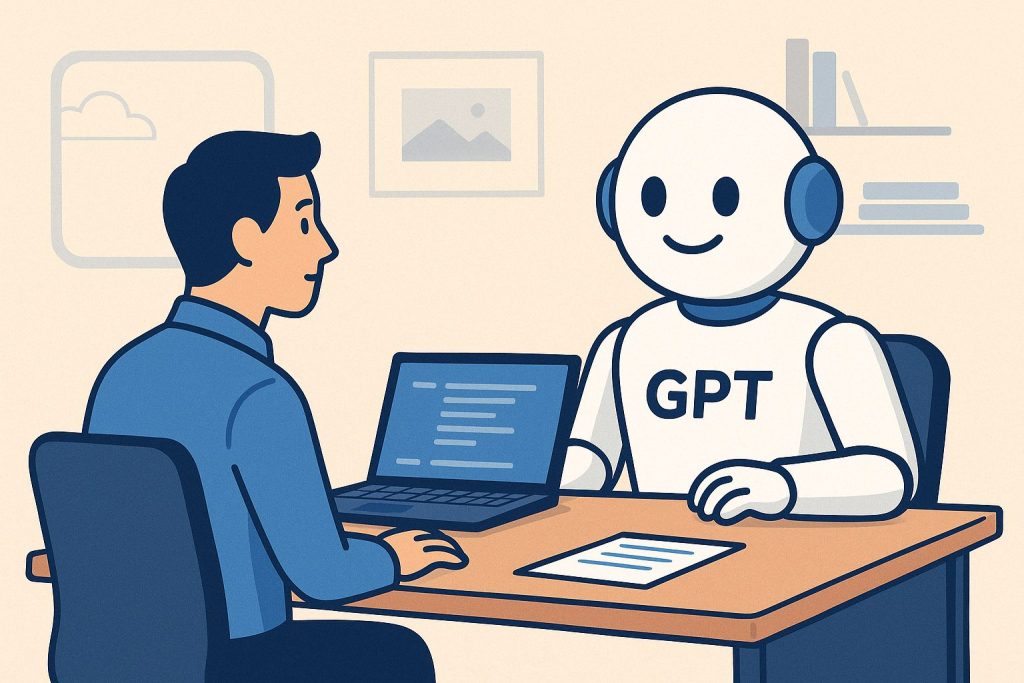 Illustration d’un employé de bureau en interaction avec un agent GPT robotisé dans un espace de travail moderne, symbolisant la collaboration homme-IA.