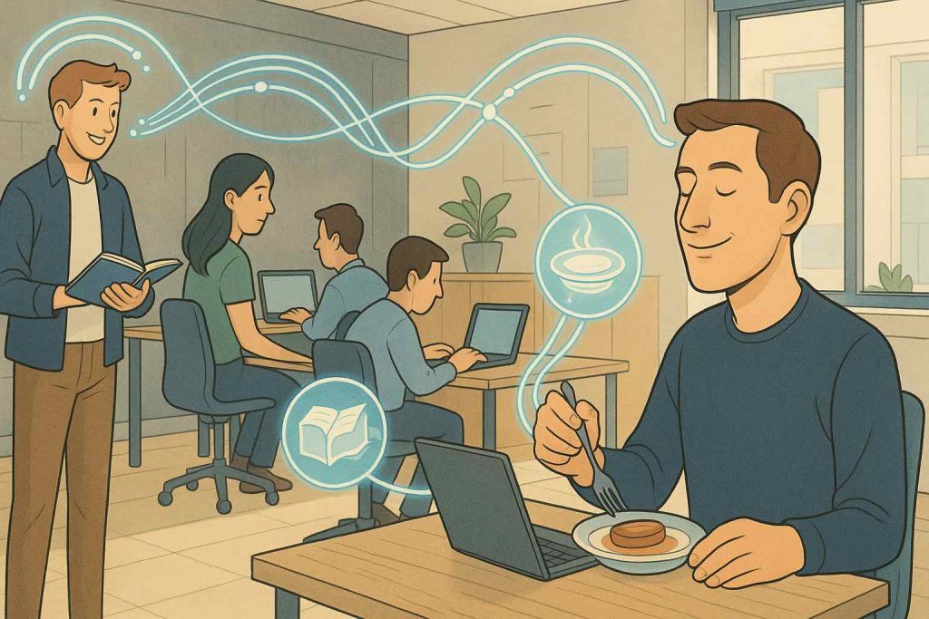 Illustration moderne d'un bureau futuriste avec des professionnels connectés par des flux de données élégants pour le travail collaboratif, et une personne utilisant une interface alimentaire holographique, dans un style cartoon réaliste éditorial
