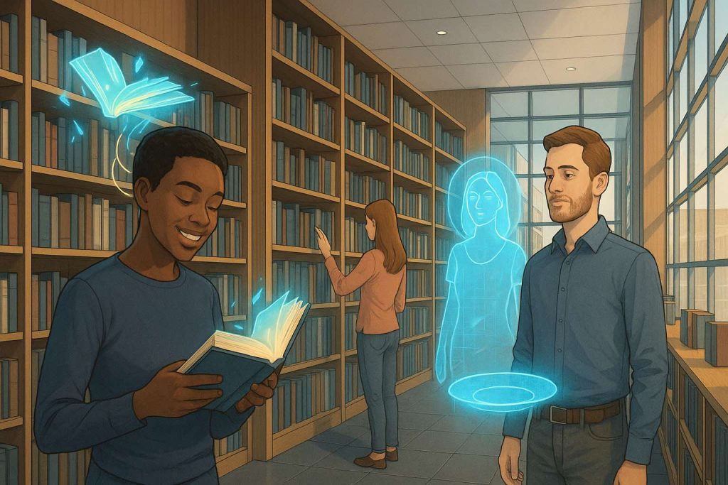 Illustration contemporaine d'une bibliothèque high-tech avec des personnages stylisés, des livres se transformant dynamiquement et des avatars holographiques sophistiqués, représentant la personnalisation du contenu et les relations artificielles en 2045