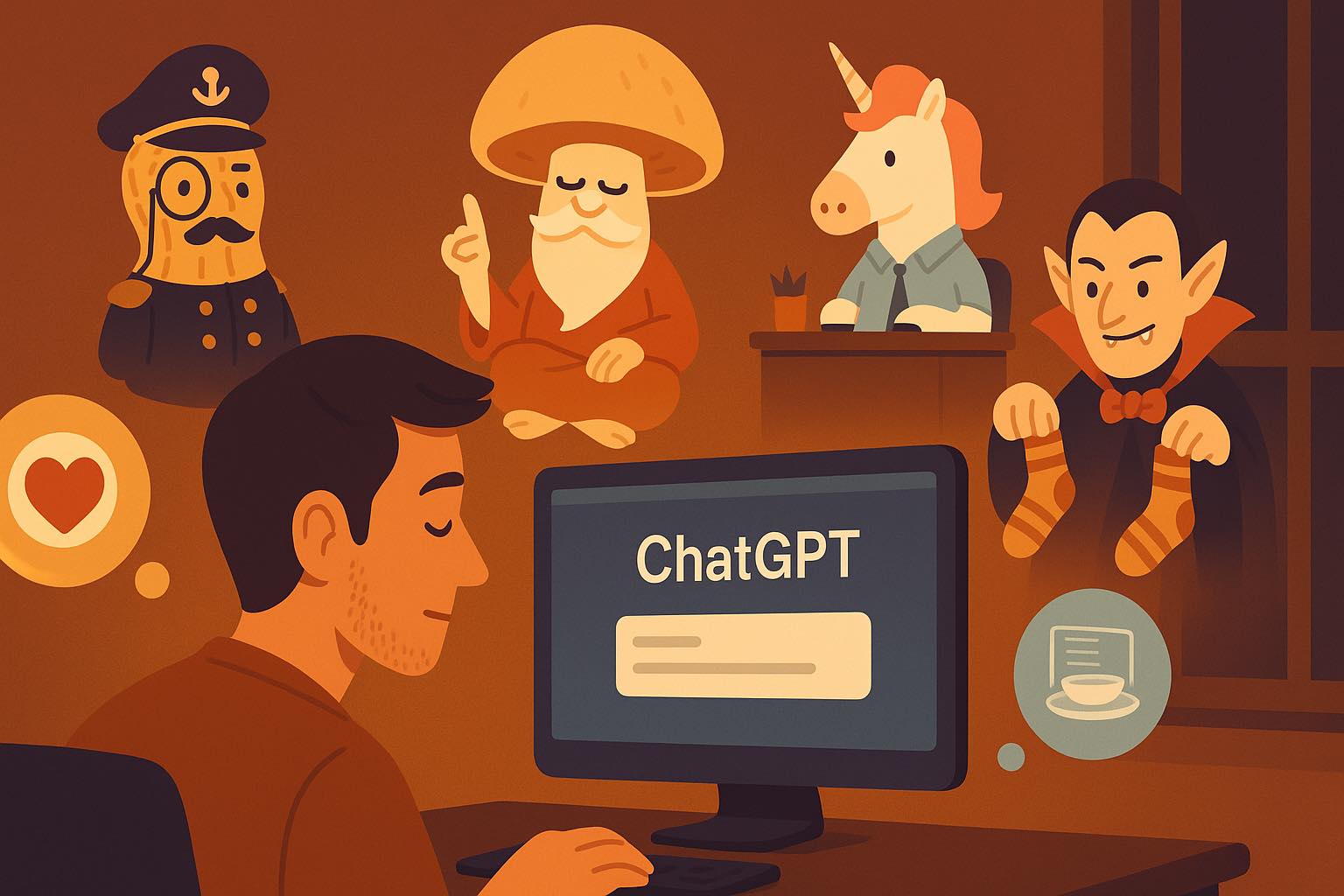 Illustration d'une personne devant son ordinateur la nuit, entourée de personnages fantaisistes représentant les surnoms ChatGPT : Amiral Cacahuète, Champignon Philosophe, Licorne de Open Space et Comte Chaussette.