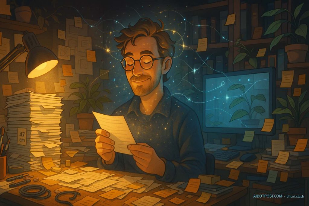 Bureau créatif dans un désordre organisé avec des piles de papiers de 47cm de haut, une personne trouvant facilement ce qu'elle cherche dans le chaos, illustrant le surnom 'Gandalf du Bordel Créatif' donné par ChatGPT