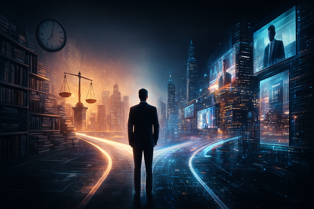 Silhouette d’un homme plongée dans l’ombre faisant face à un visage numérique composé de circuits lumineux bleus et orange, représentant la confrontation entre réalité humaine et identité artificielle.