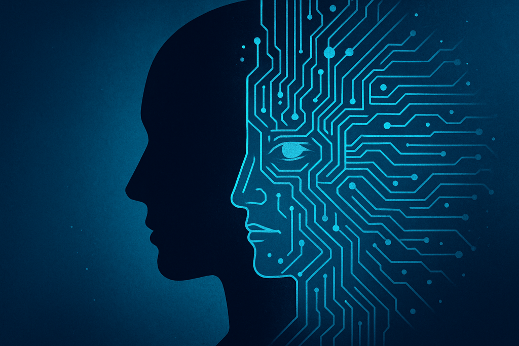 Silhouette sombre d’un visage humain confronté à un visage constitué de circuits lumineux, représentant la frontière floue entre perception humaine et réalité artificielle générée par l’IA.